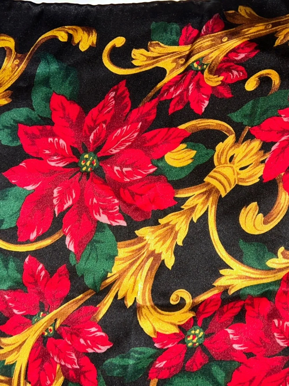 Bill Blass Vintage 100% Silk HOLIDAY red gold poinsettias floral scarf